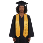 Gold valedictorian graduation stole with black VALEDICTORIAN lettering down one side, a V-shaped neckline, and pointed ends.
