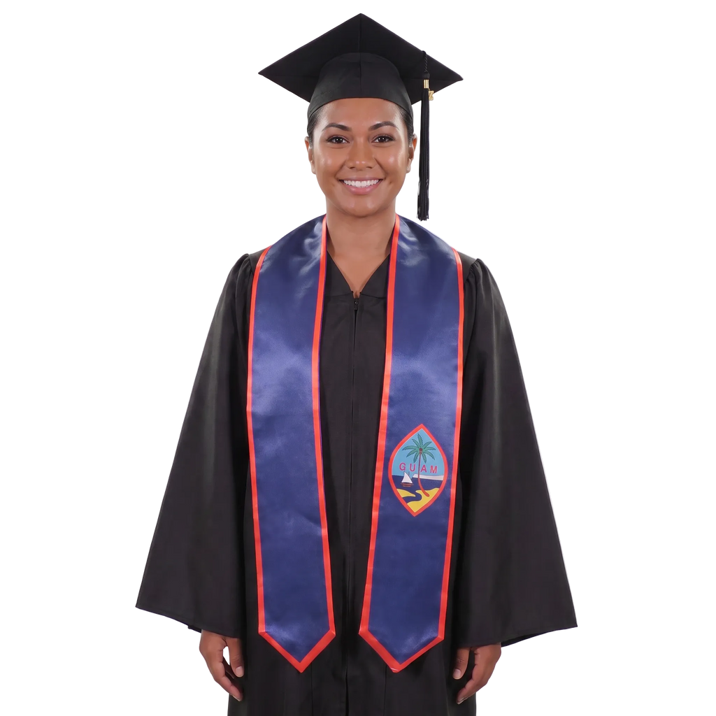 Guam flag graduation stole with the Guam flag design, worn as a graduation sash.