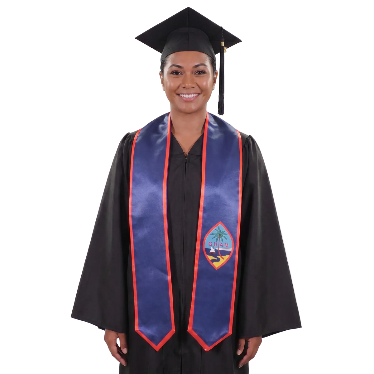 Guam flag graduation stole with the Guam flag design, worn as a graduation sash.