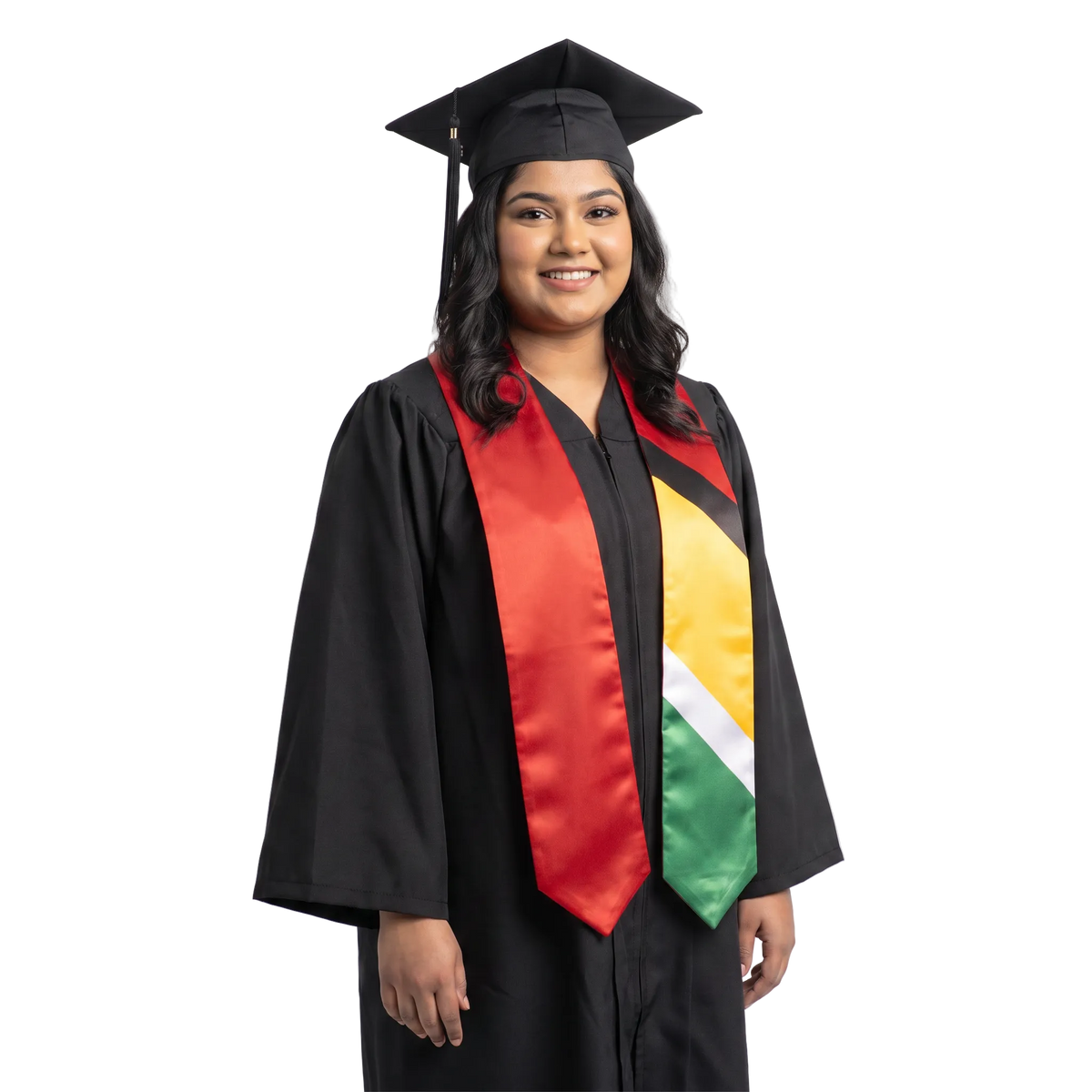 Guyana flag graduation stole with the Guyana flag design, worn as a graduation sash.