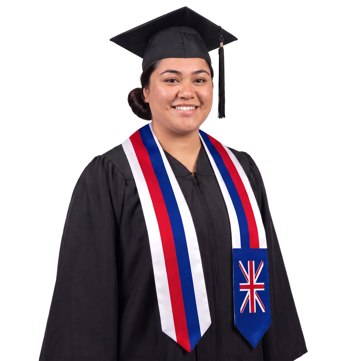Hawaii flag graduation stole with red, white, and blue stripes, a V-shaped neckline, pointed ends, and a Union Jack design on one side.
