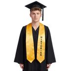 Gold Historian class officer graduation stole with black vertical HISTORIAN lettering on one side, a V-shaped neckline, and pointed ends.
