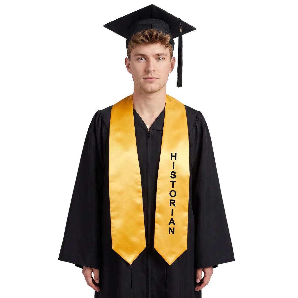 Gold Historian class officer graduation stole with black vertical HISTORIAN lettering on one side, a V-shaped neckline, and pointed ends.
