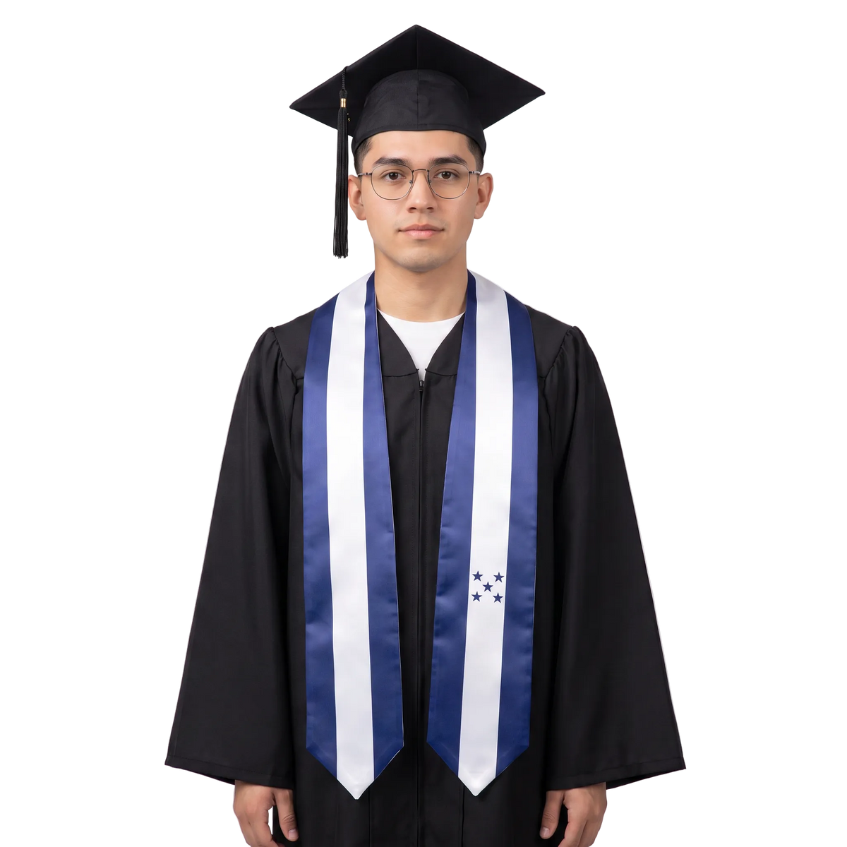Honduras flag graduation stole with the Honduras flag design, worn as a graduation sash.