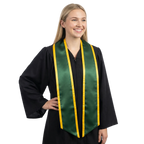 Hunter green slanted graduation stole with gold trim and angled ends, shown against a white background.