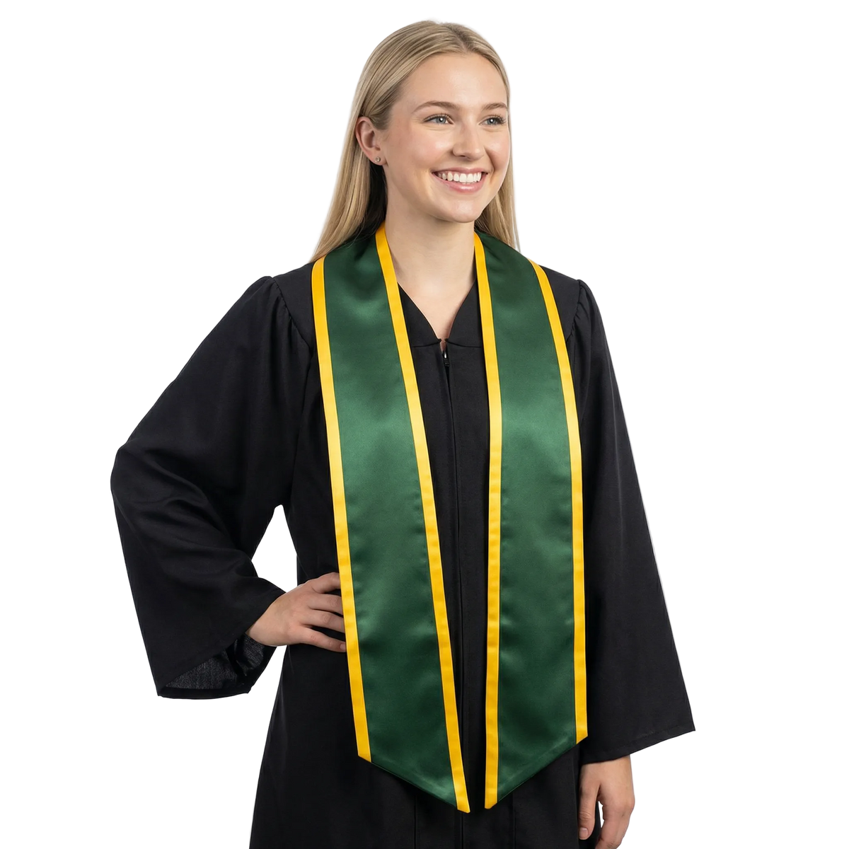 Hunter green slanted graduation stole with gold trim and angled ends, shown against a white background.