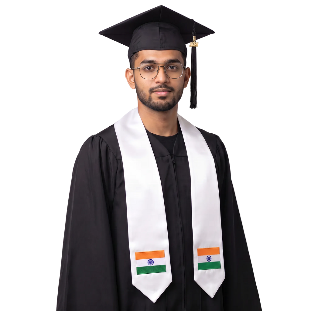 India flag graduation stole with an embroidered Indian flag patch, worn as a graduation sash