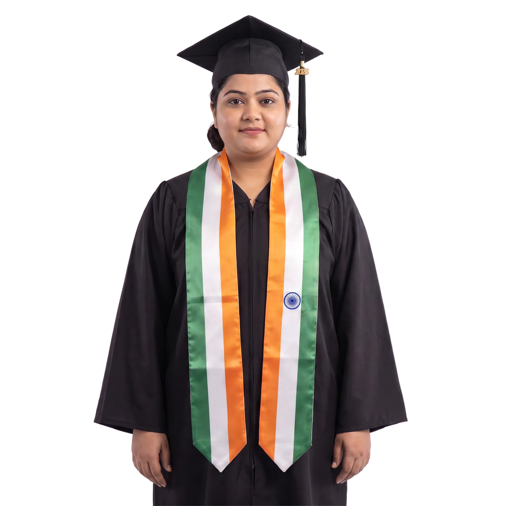 India flag graduation stole with the India flag design, worn as a graduation sash