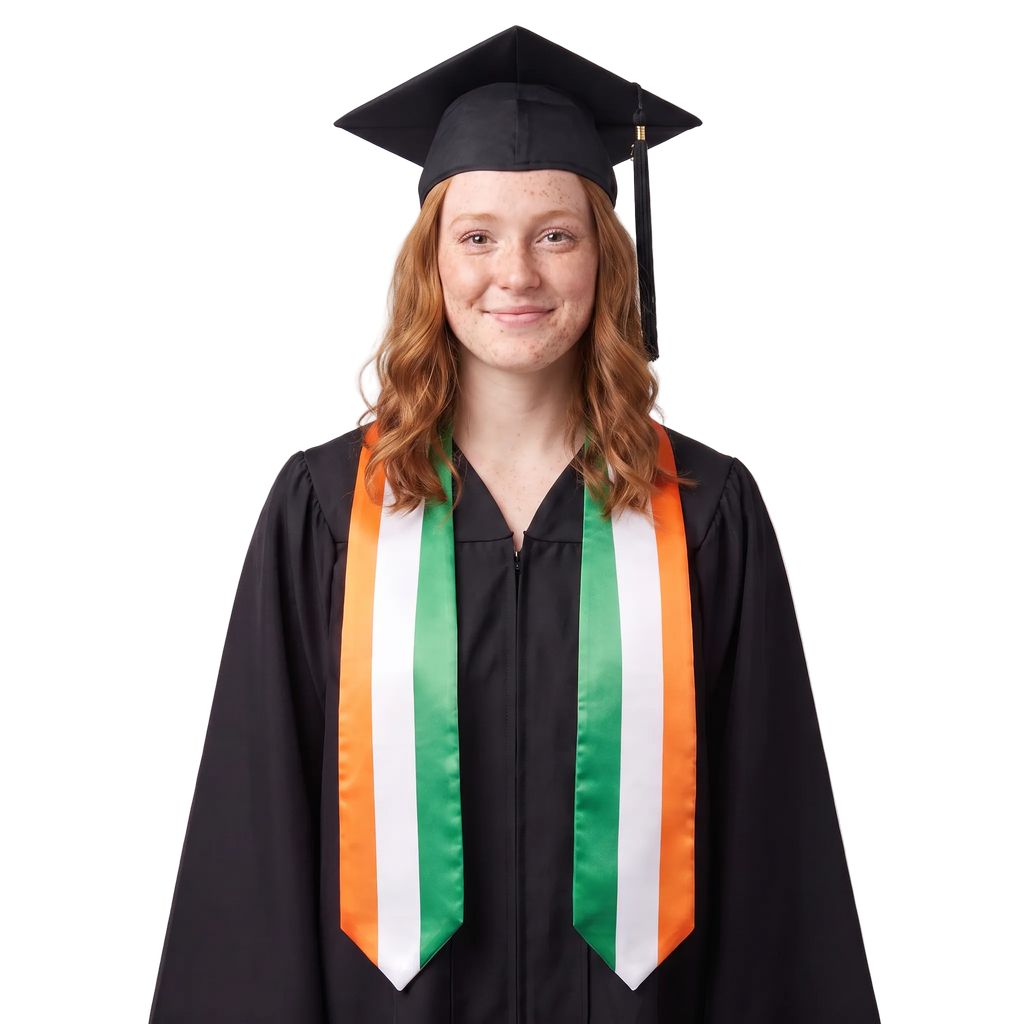 Ireland flag graduation stole with the Ireland flag design, worn as a graduation sash.