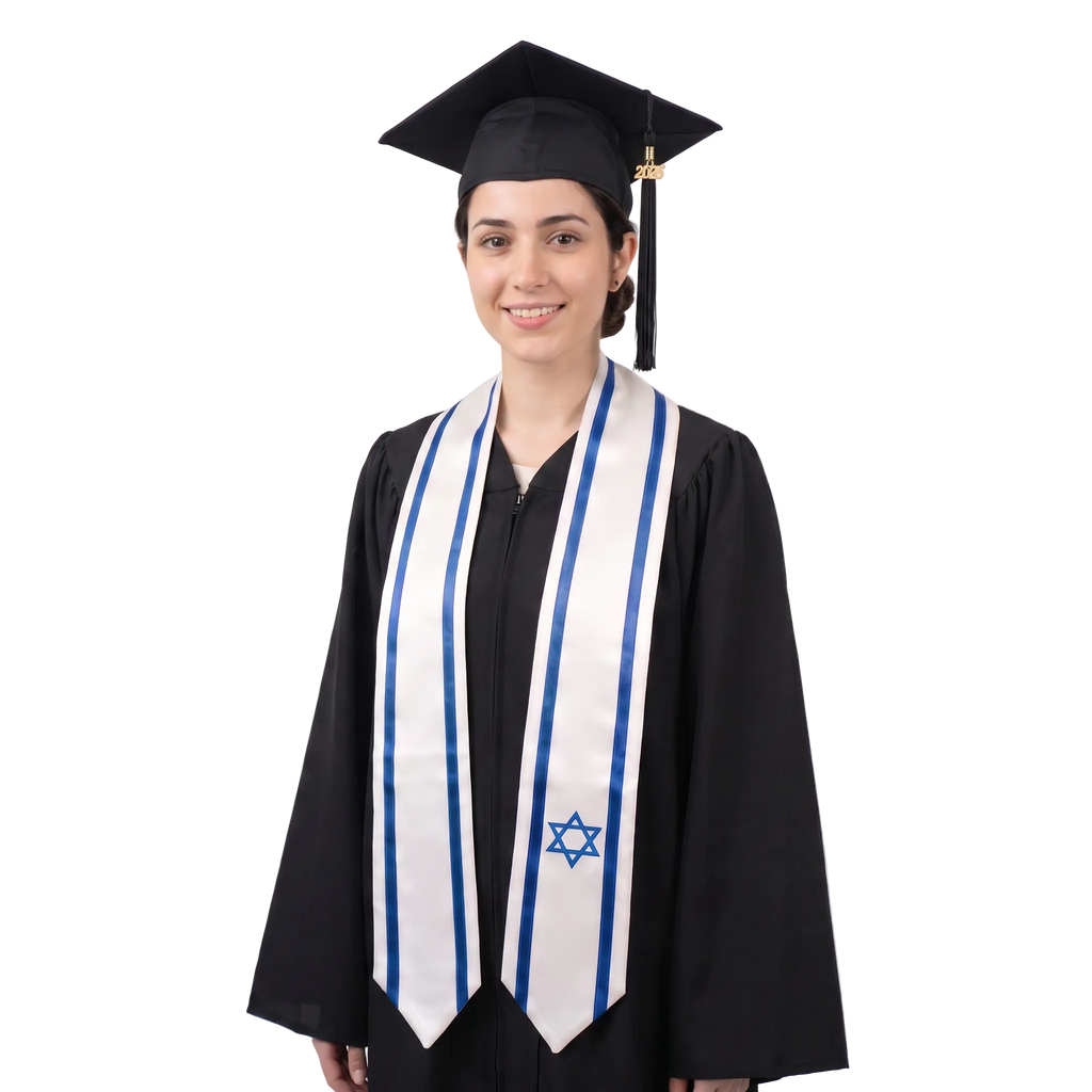 Israel flag graduation stole with the Israel flag design, worn as a graduation sash