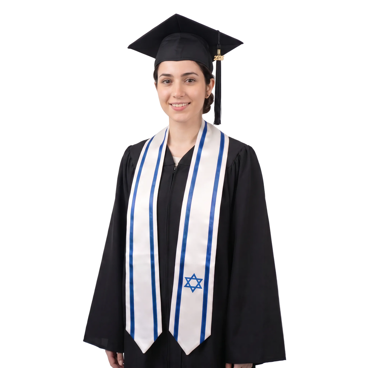 Israel flag graduation stole with the Israel flag design, worn as a graduation sash