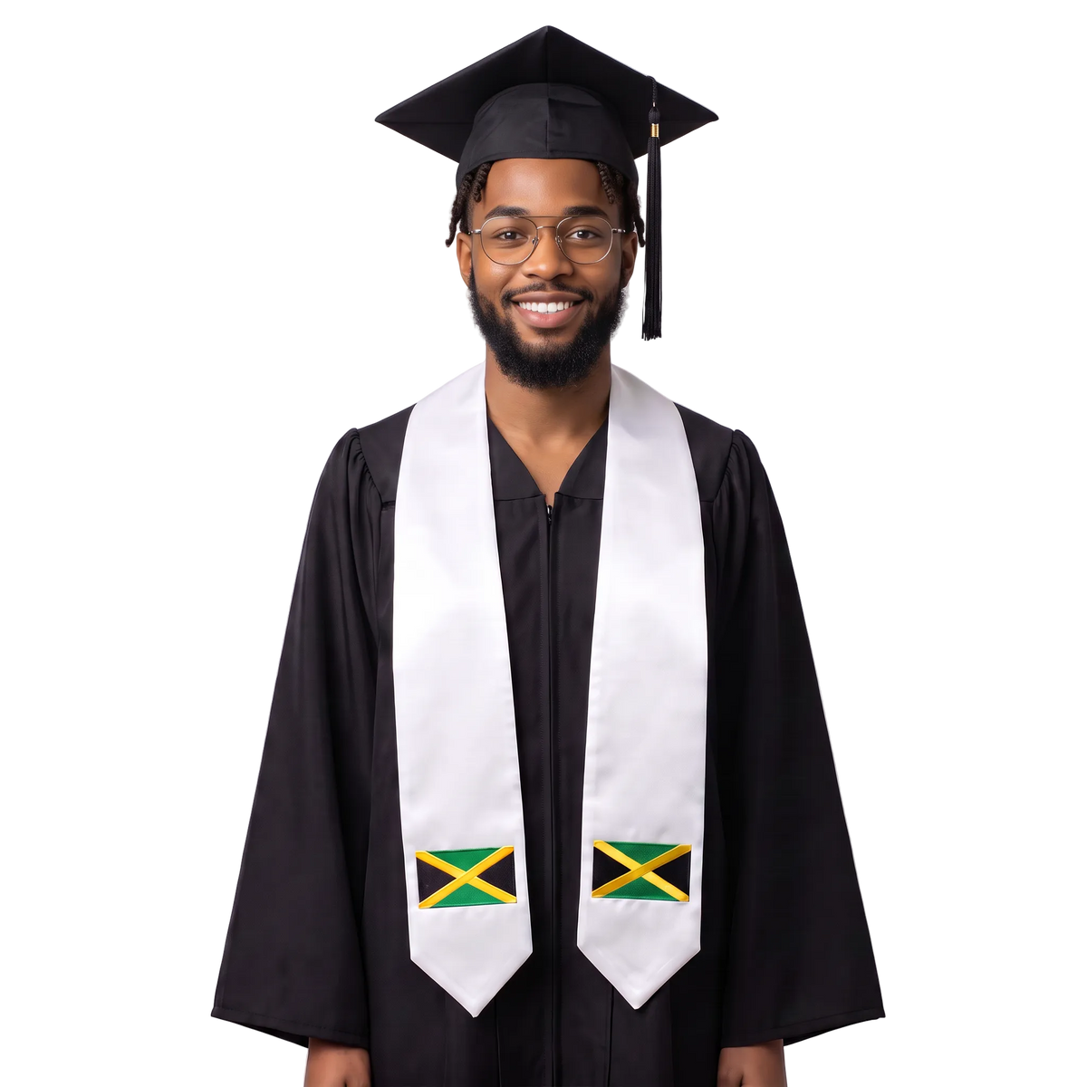 Jamaica flag graduation stole with an embroidered Jamaican flag patch, worn as a graduation sash