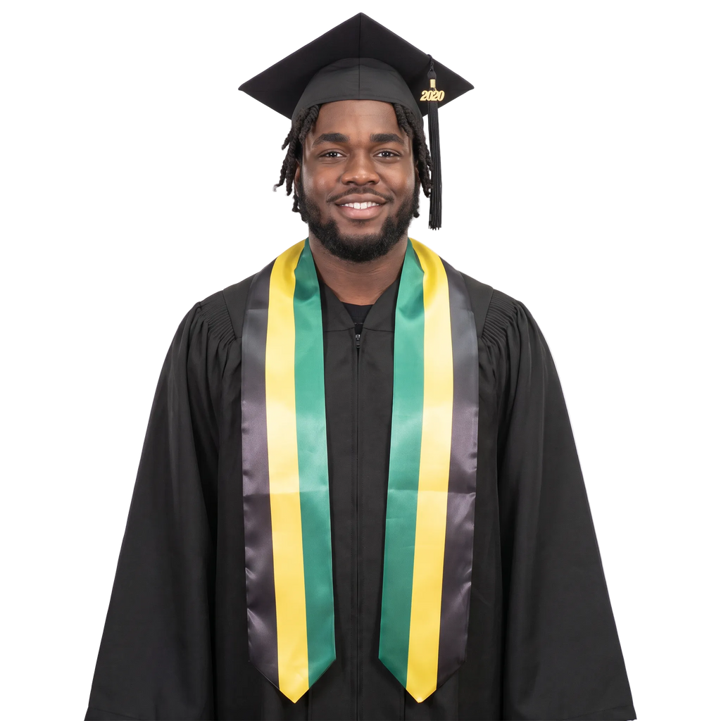 Jamaica flag graduation stole with the Jamaican flag design, worn as a graduation sash 