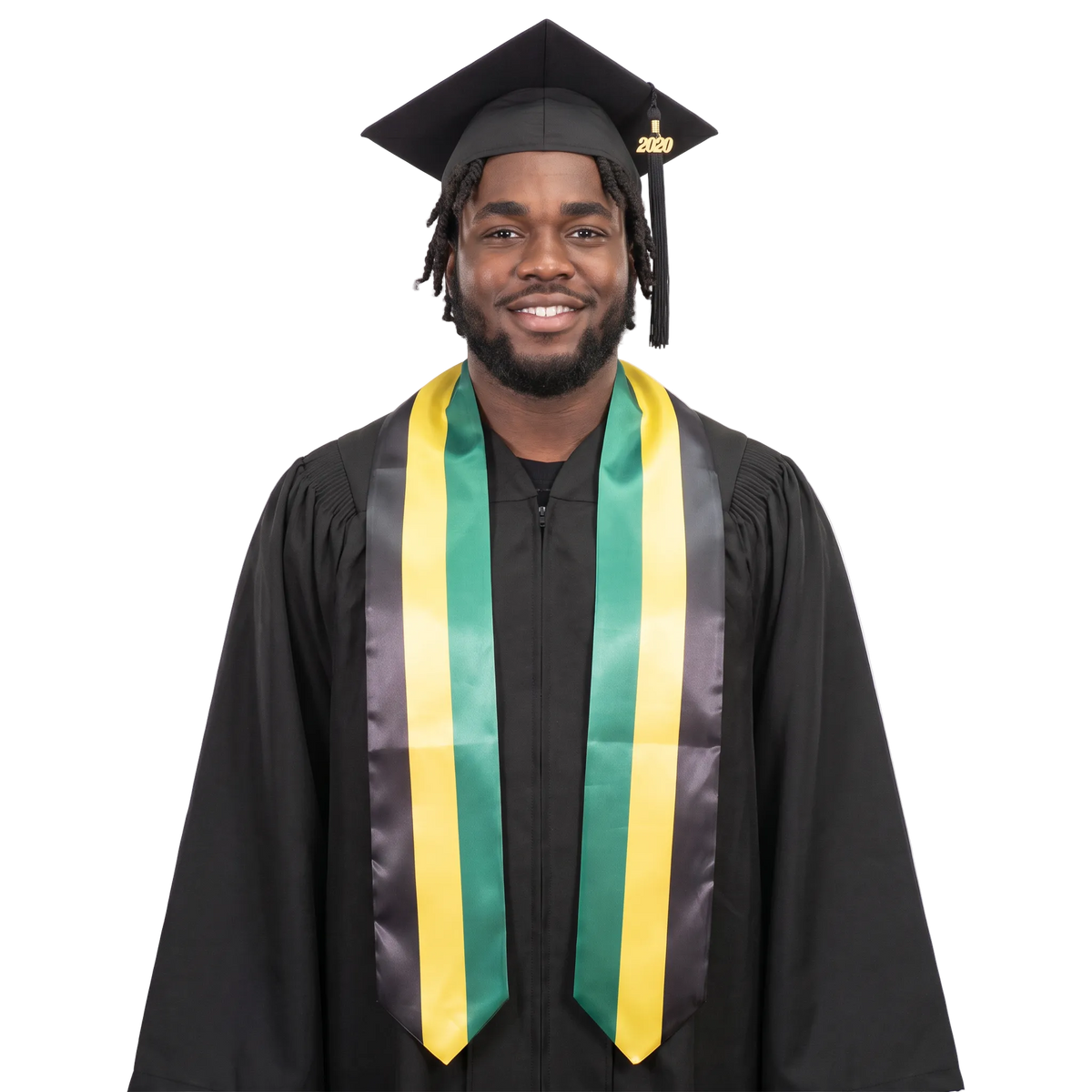 Jamaica flag graduation stole with the Jamaican flag design, worn as a graduation sash 