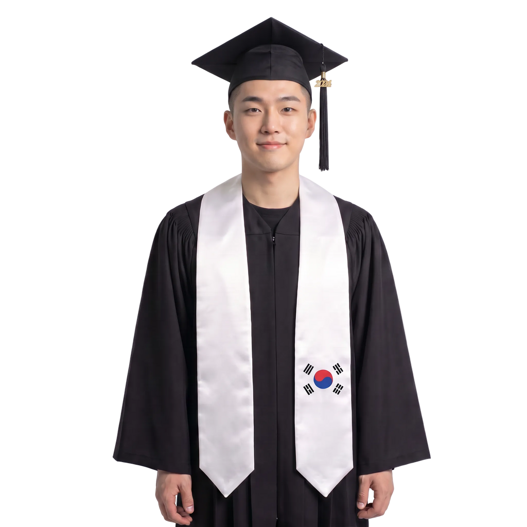 Korea flag graduation stole with the South Korean flag design, worn as a graduation sash