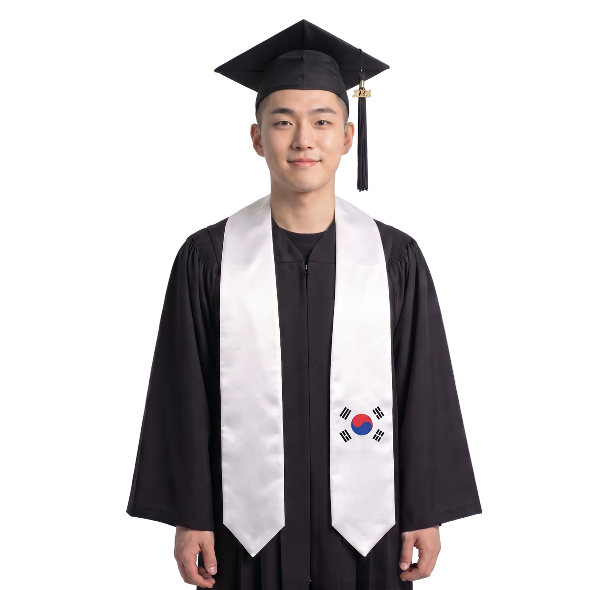 Korea flag graduation stole with the South Korean flag design, worn as a graduation sash