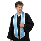 Light blue slanted graduation stole with white trim and angled ends, shown against a white background.