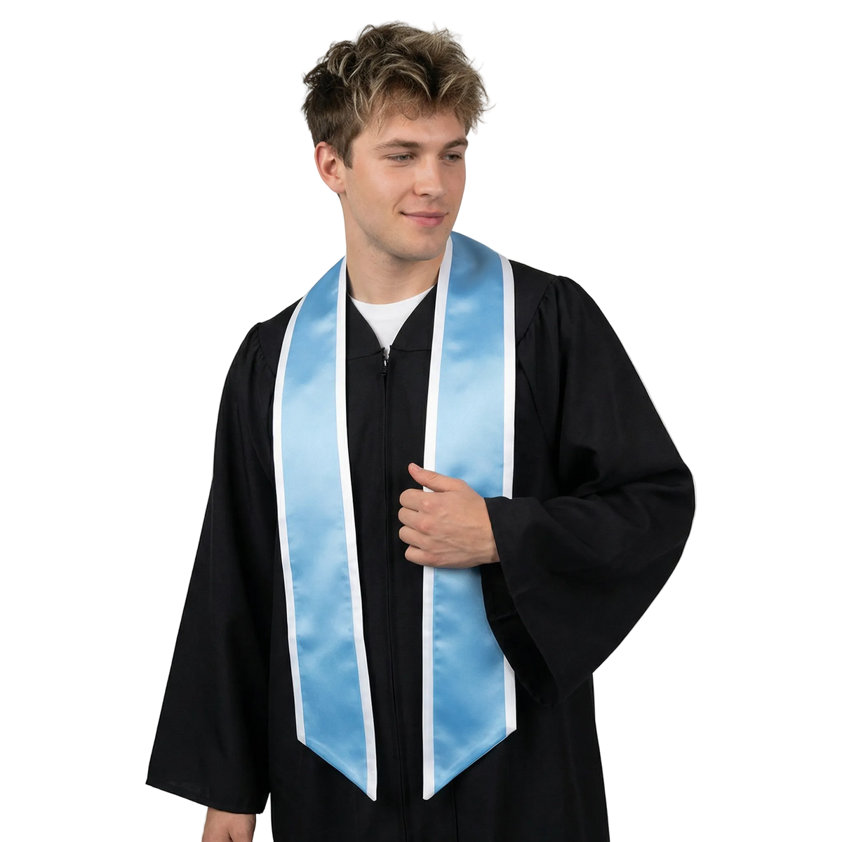 Light blue slanted graduation stole with white trim and angled ends, shown against a white background.