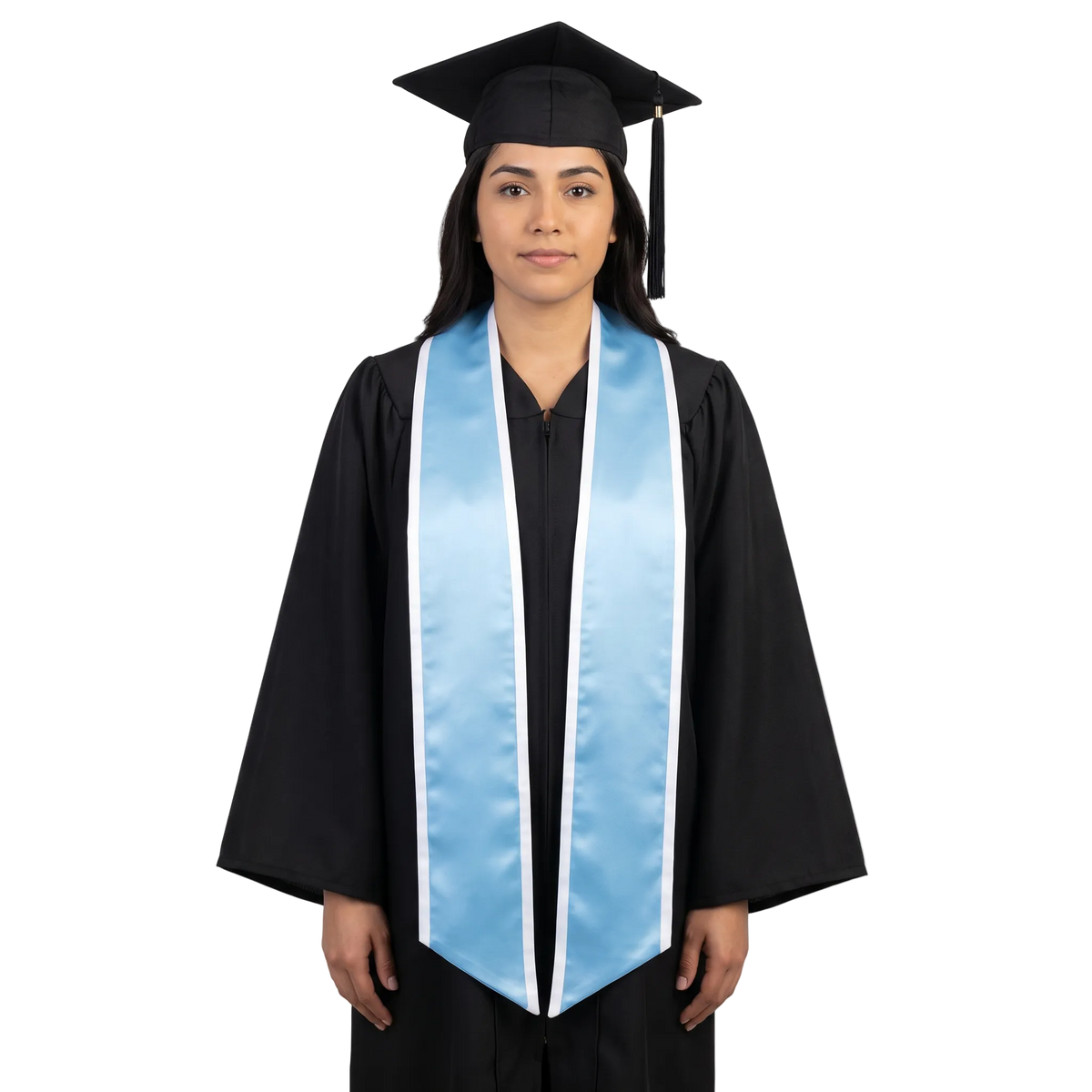 Light blue graduation stole with white trim along the edges, a V-shaped neckline, and slanted ends.
