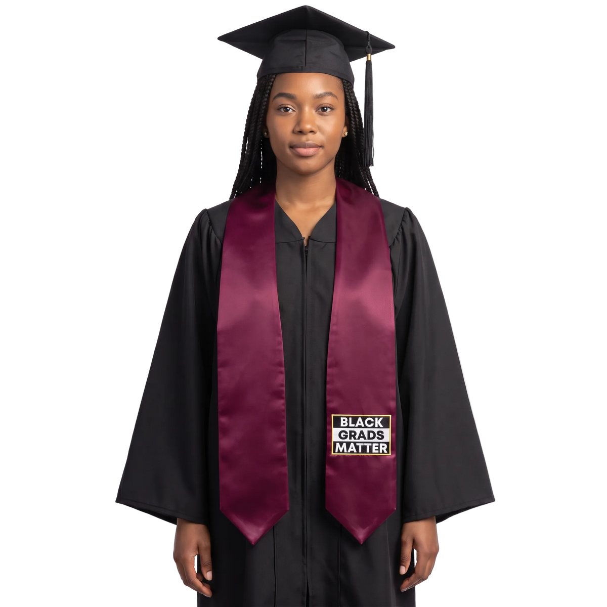 Maroon graduation stole with pointed ends and a black-and-white BLACK GRADS MATTER patch with a gold border on one side.

