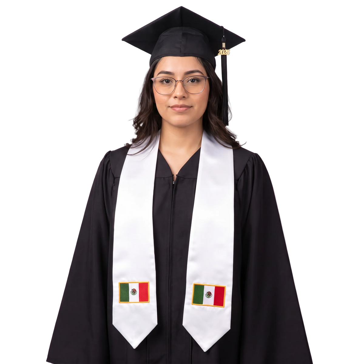 Mexico flag graduation stole with an embroidered Mexican flag patch, worn as a graduation sash
