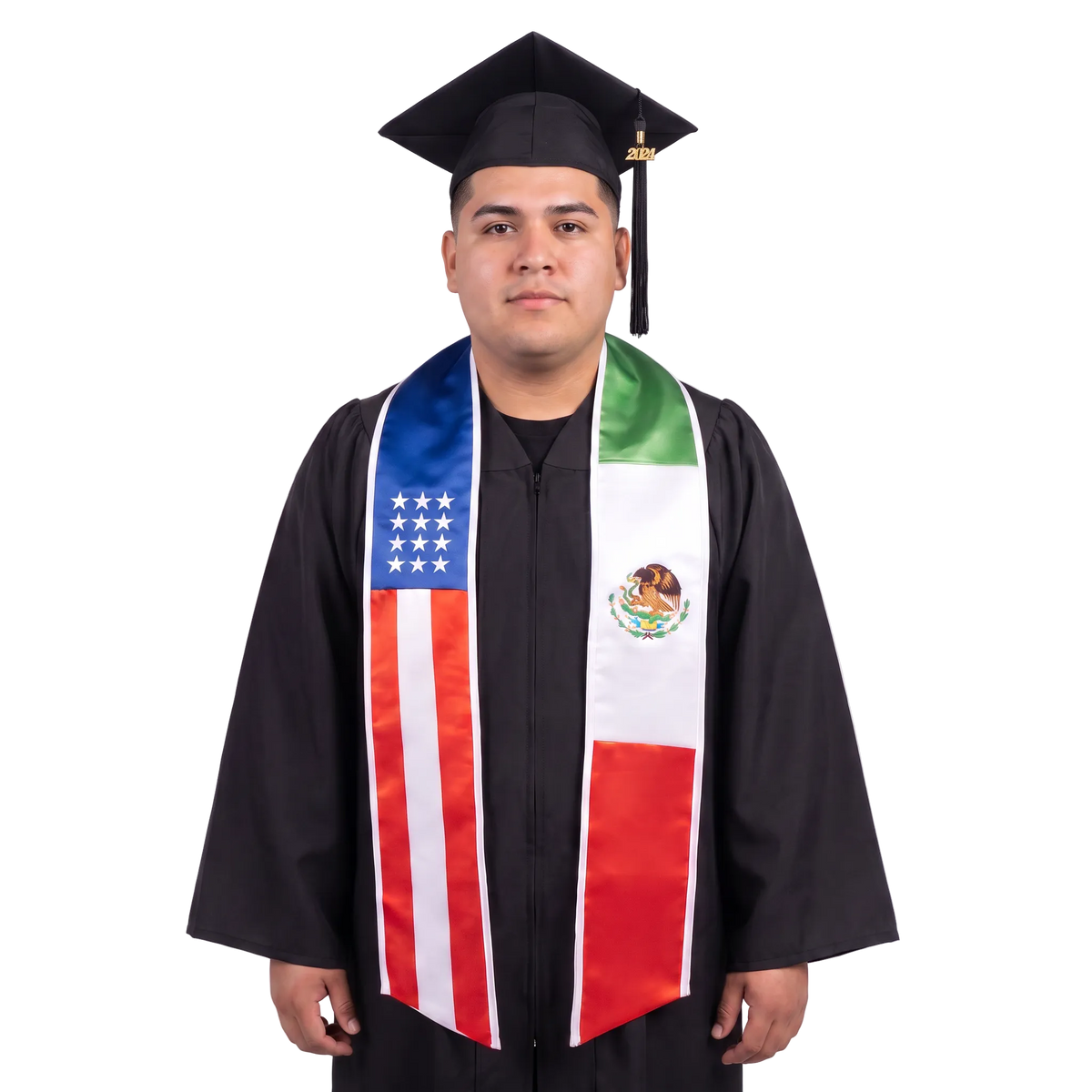 Mixed USA and Mexico flag graduation stole with the USA and Mexico flag designs, worn as a graduation sash