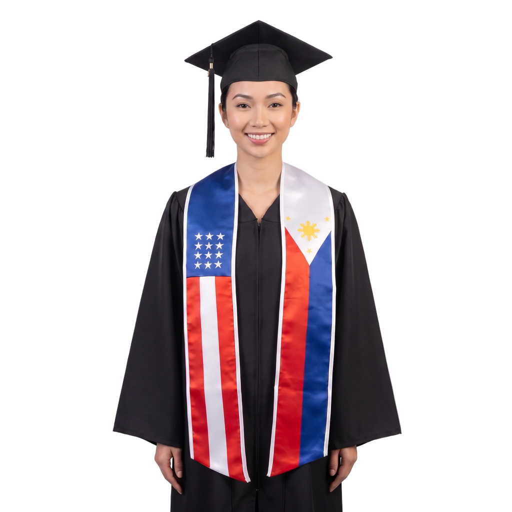 Mixed USA and Philippines flag graduation stole with the USA and Philippines flag designs, worn as a graduation sash