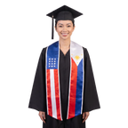 Mixed USA and Philippines flag graduation stole with the USA and Philippines flag designs, worn as a graduation sash