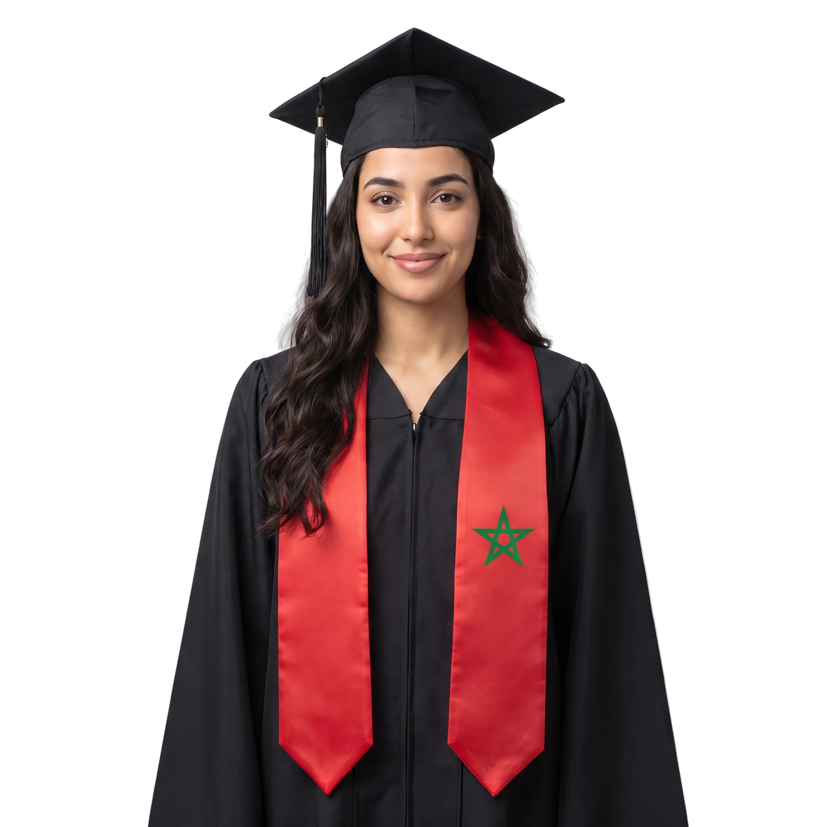 Morocco flag graduation stole with the Morocco flag design, worn as a graduation sash 