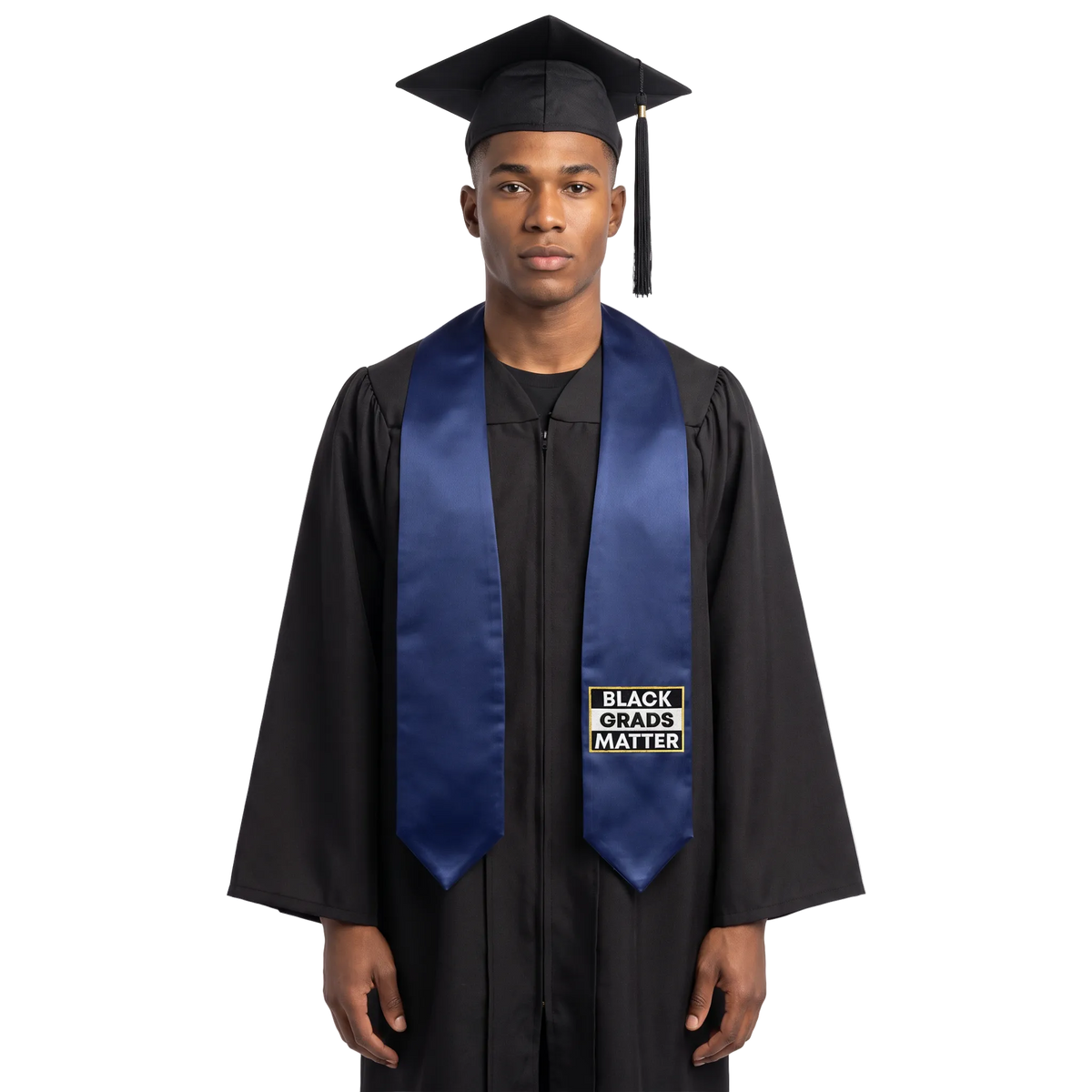 Navy blue graduation stole with pointed ends and a black-and-white BLACK GRADS MATTER patch with a gold border on one side.
