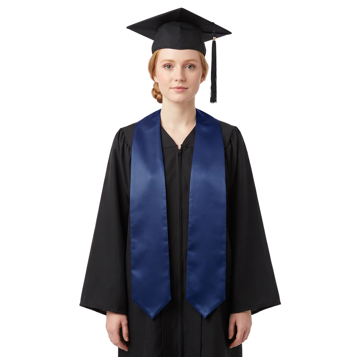 Plain navy blue graduation stole with a V-shaped neckline and pointed ends, shown against a white background.

