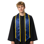 Navy blue slanted graduation stole with gold trim and angled ends, shown against a white background.