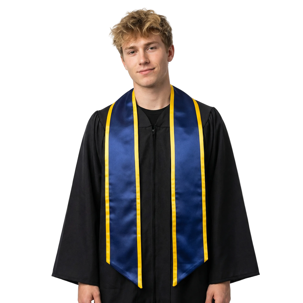 Navy blue slanted graduation stole with gold trim and angled ends, shown against a white background.