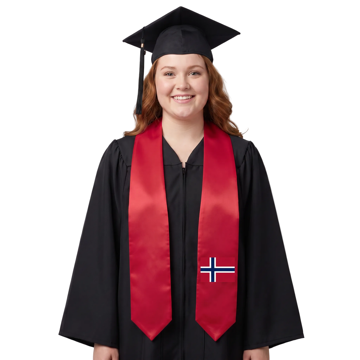 Norway flag graduation stole with the Norway flag design, worn as a graduation sash · 