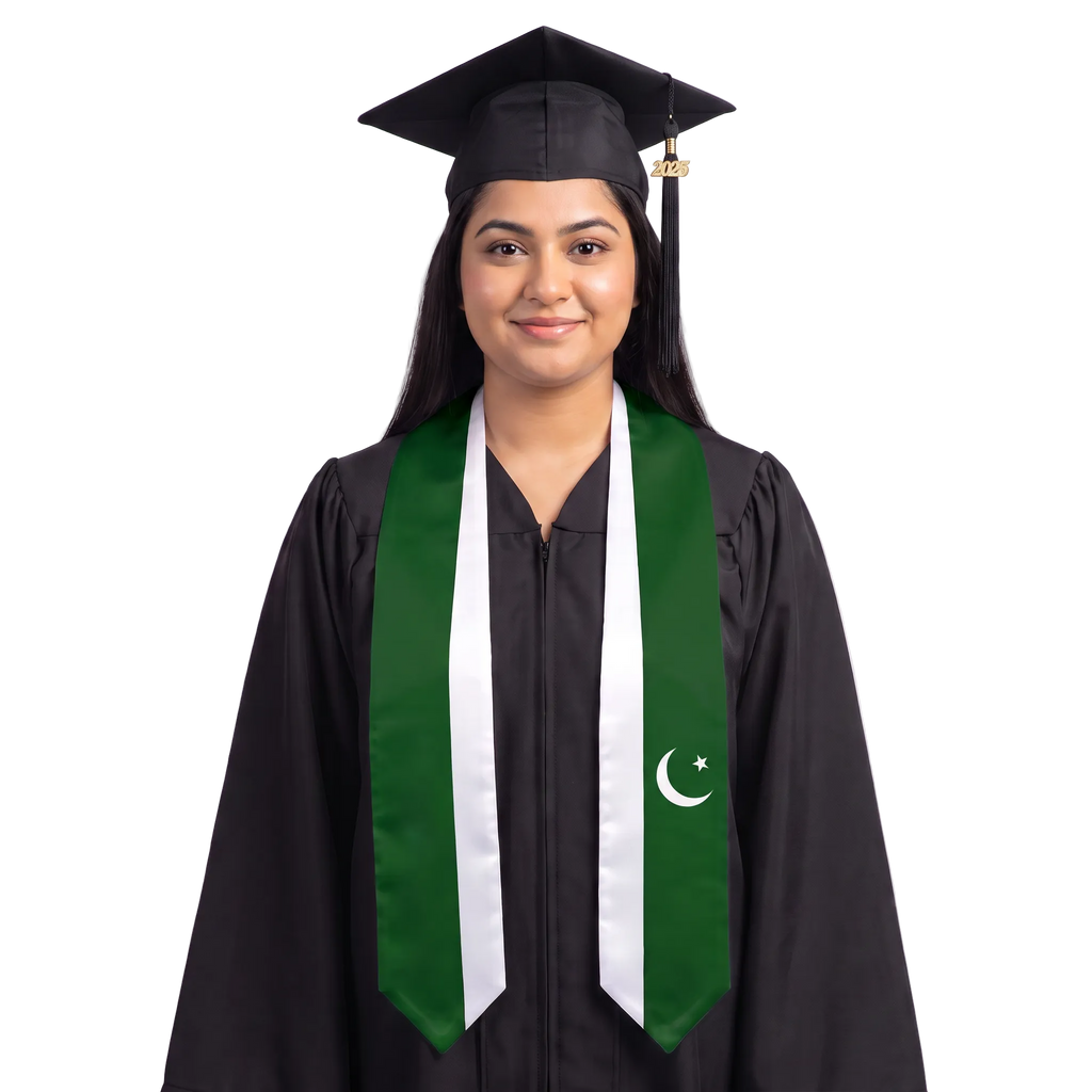 Pakistan flag graduation stole with the Pakistan flag design, worn as a graduation sash