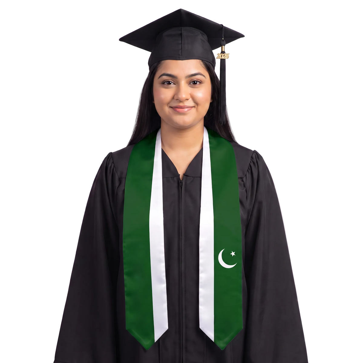 Pakistan flag graduation stole with the Pakistan flag design, worn as a graduation sash