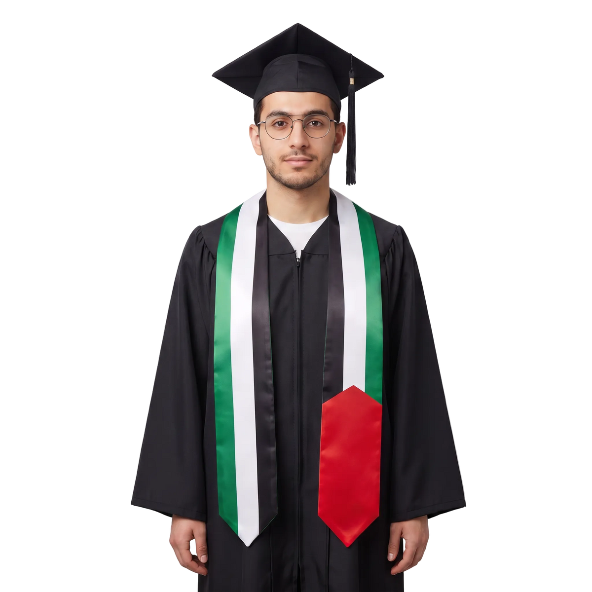 Palestine flag graduation stole with the Palestine flag design, worn as a graduation sash