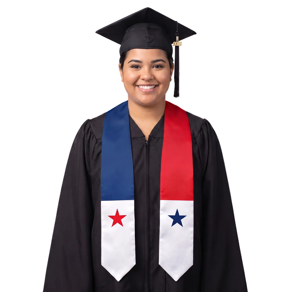Panama flag graduation stole with the Panama flag design, worn as a graduation sash