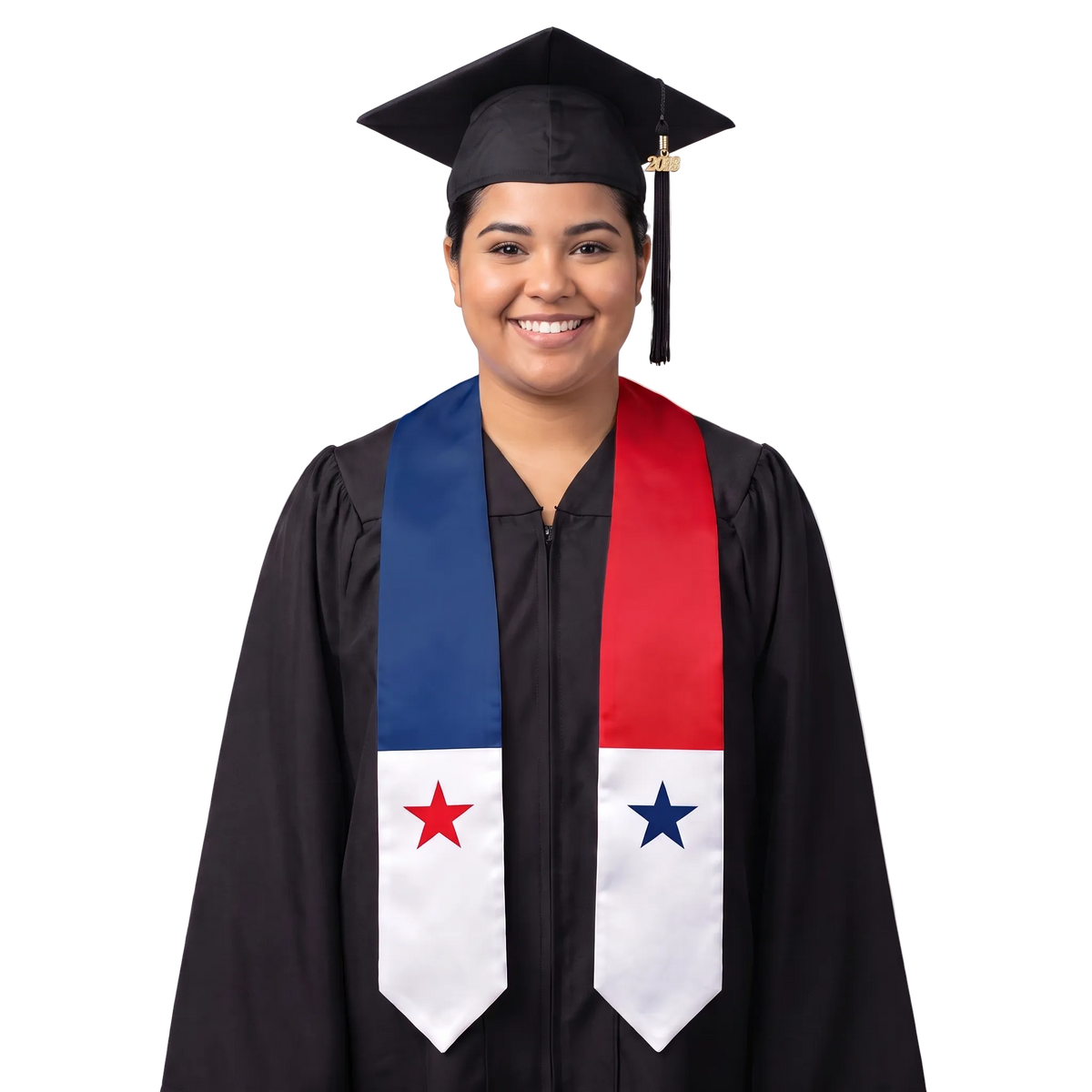 Panama flag graduation stole with the Panama flag design, worn as a graduation sash