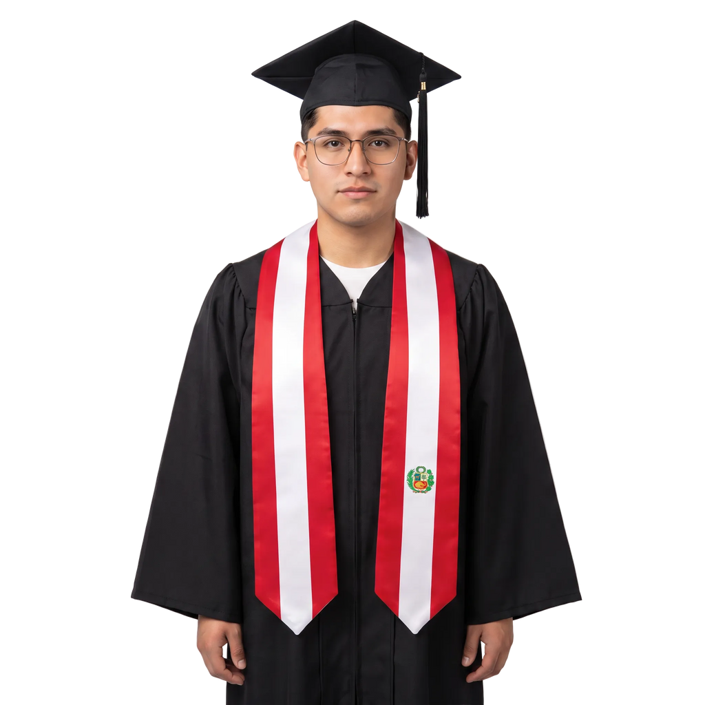 Peru flag graduation stole with the Peru flag design, worn as a graduation sash