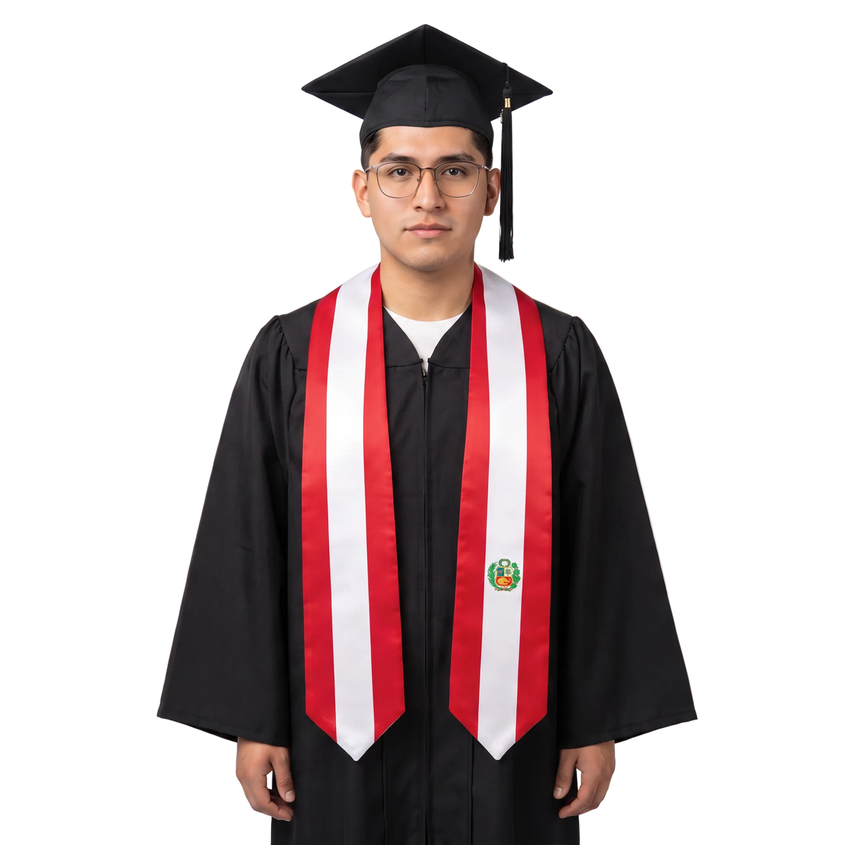 Peru flag graduation stole with the Peru flag design, worn as a graduation sash