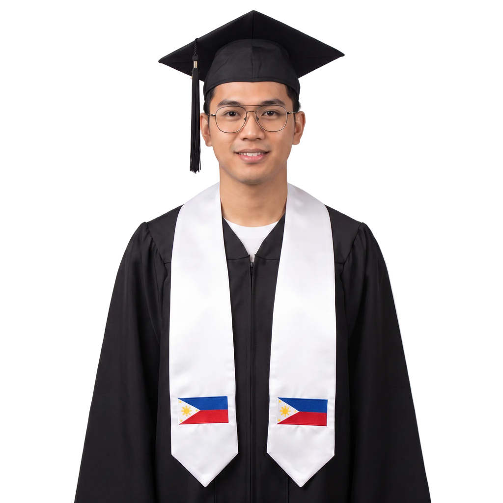 Philippines flag graduation stole with an embroidered Filipino flag patch, worn as a graduation sash