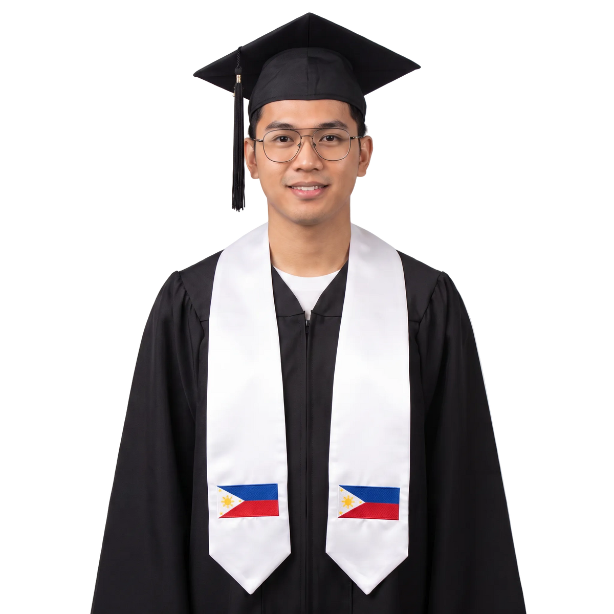 Philippines flag graduation stole with an embroidered Filipino flag patch, worn as a graduation sash