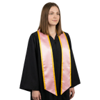Pink slanted graduation stole with gold trim and angled ends, shown against a white background.