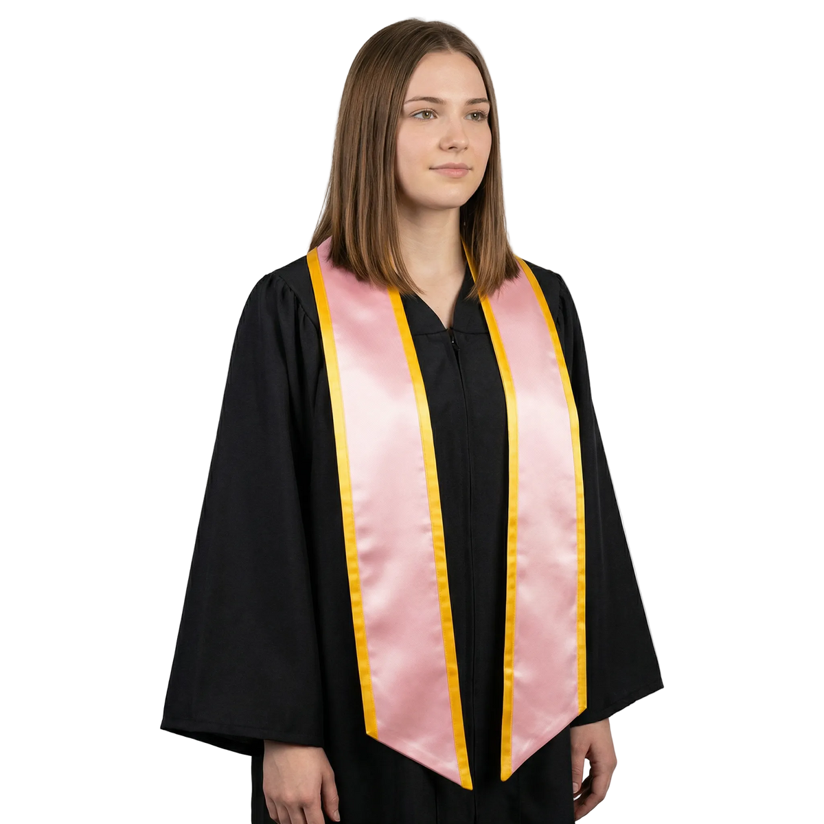 Pink slanted graduation stole with gold trim and angled ends, shown against a white background.