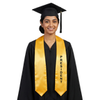 Gold President class officer graduation stole with black vertical PRESIDENT lettering on one side, a V-shaped neckline, and pointed ends.

