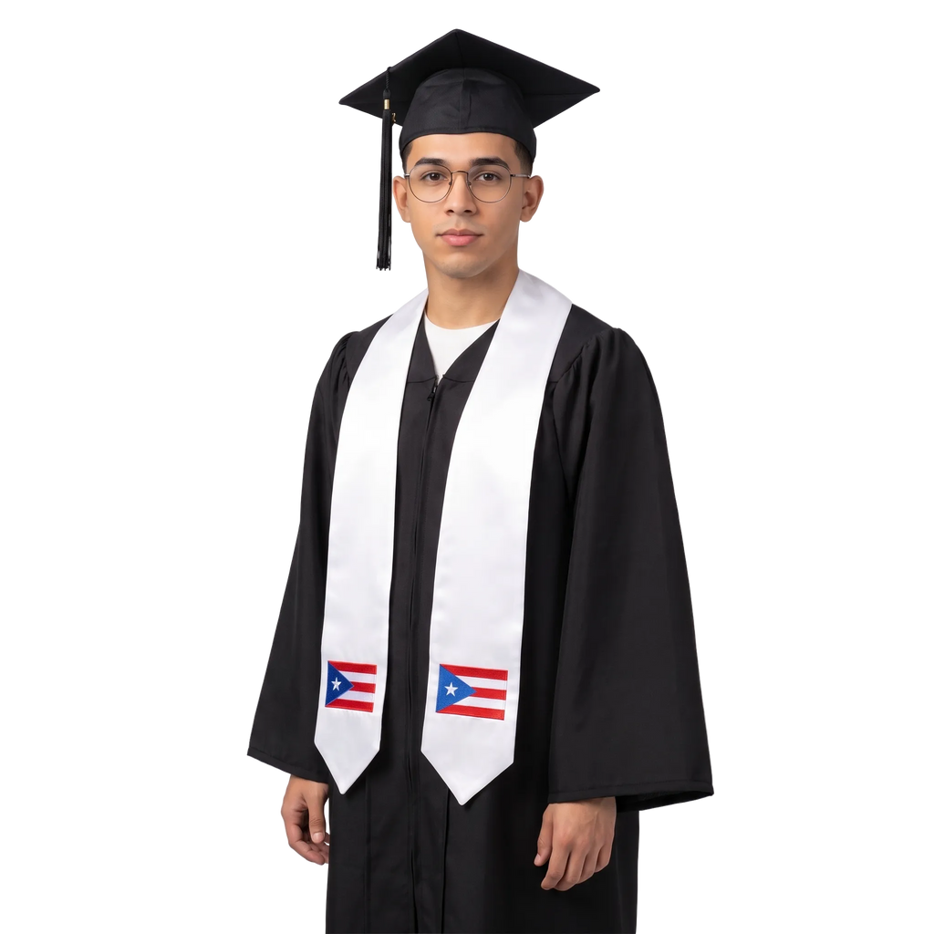 Puerto Rico flag graduation stole with an embroidered Puerto Rican flag patch, worn as a graduation sash