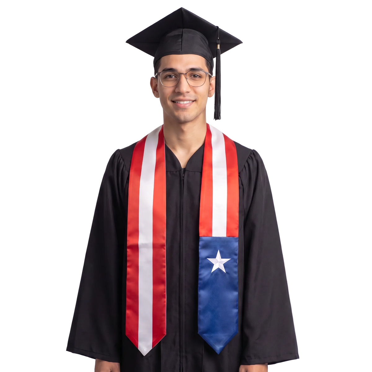 Puerto Rico flag graduation stole with the Puerto Rican flag design, worn as a graduation sash ·