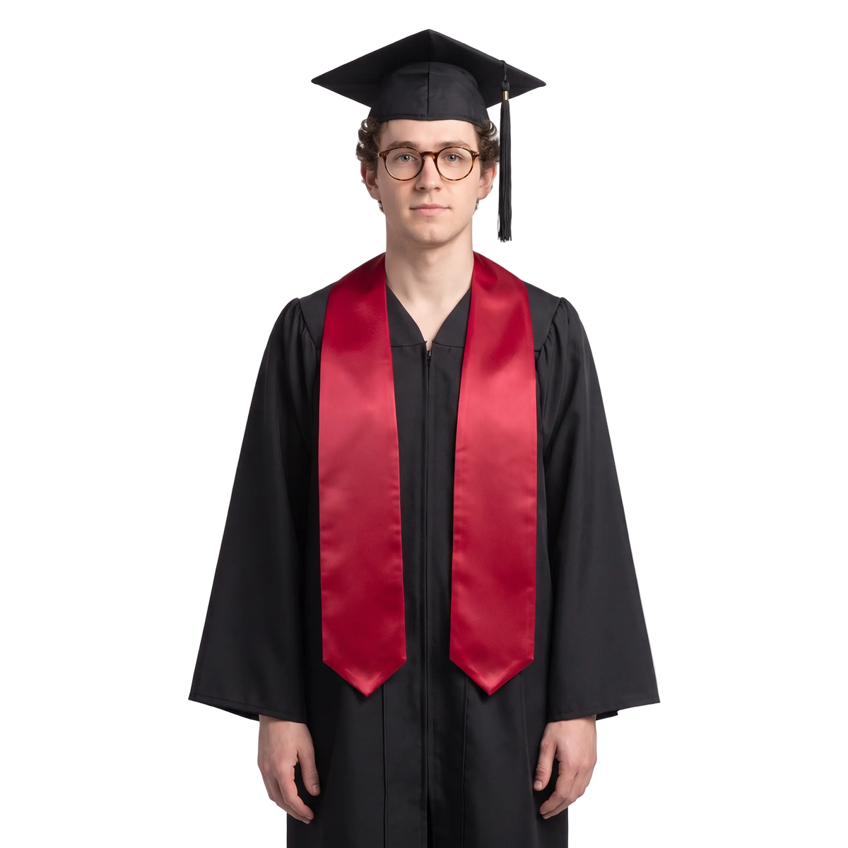 Plain red graduation stole with a V-shaped neckline and pointed ends, shown against a white background.
