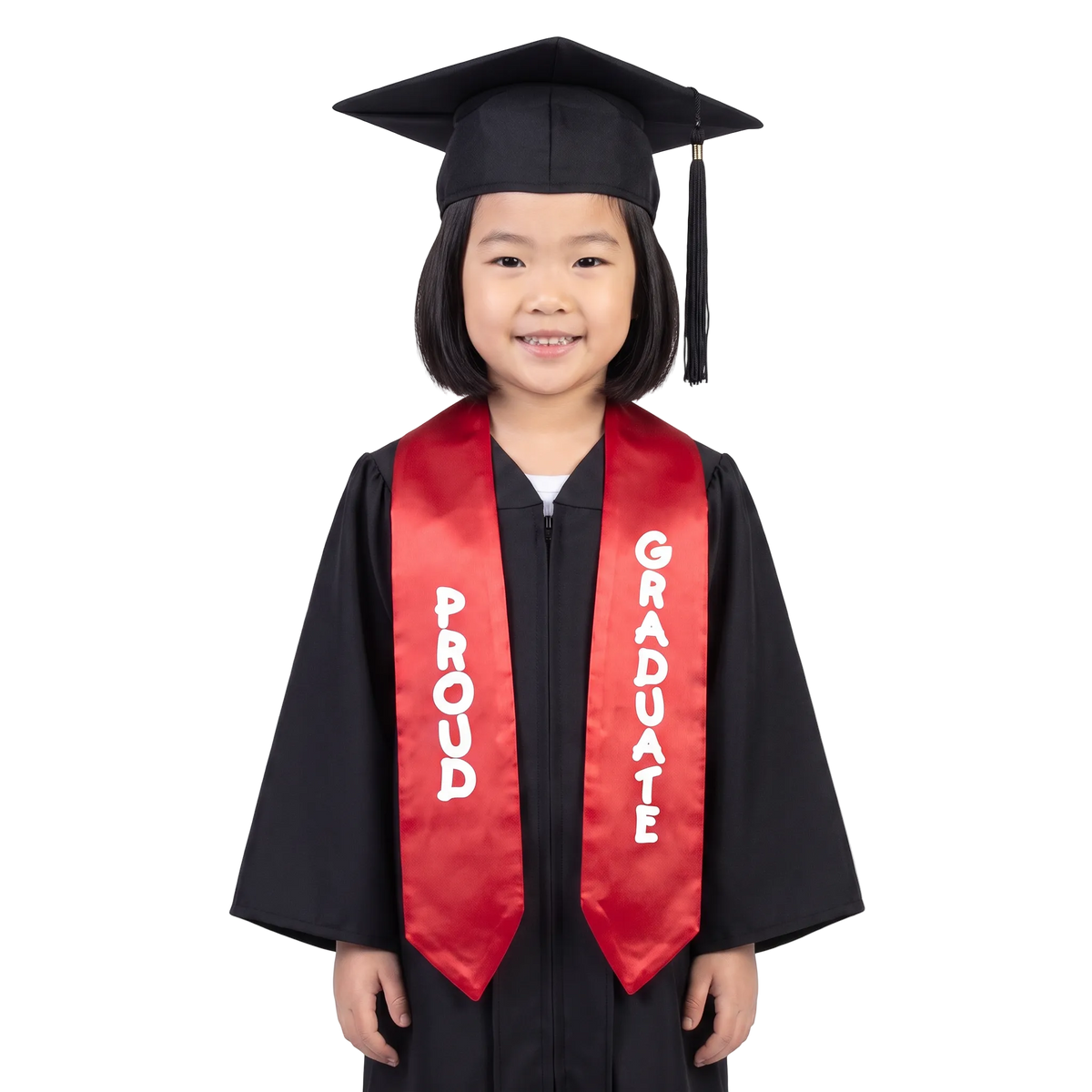 Red preschool and kindergarten graduation stole with white PROUD GRADUATE lettering down opposite sides, a V-shaped neckline, and pointed ends.
